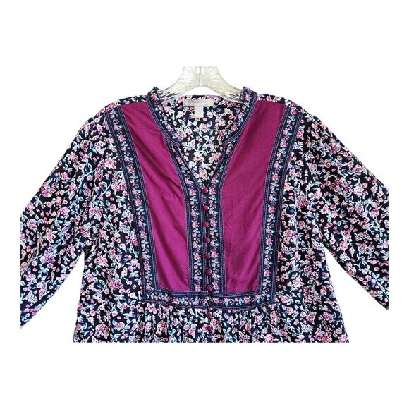 WOMAN WITHIN Women 14 16 Tunic Top Peasant Floral Purple Blue Pink Button Up 40" - Picture 2 of 7